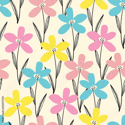 Cute bizarre spring wild flowers seamless pattern in doodle style