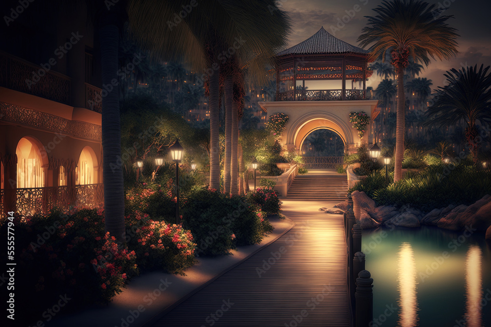 The resort hotel's entrance in the evening beside the water. a hotel resort featuring a pool. entry to a resort hotel. Hotel resort in the evening. Generative AI