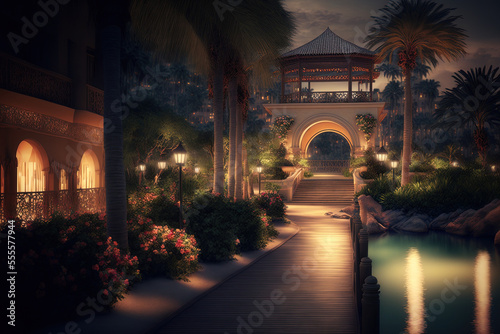The resort hotel's entrance in the evening beside the water. a hotel resort featuring a pool. entry to a resort hotel. Hotel resort in the evening. Generative AI © 2rogan