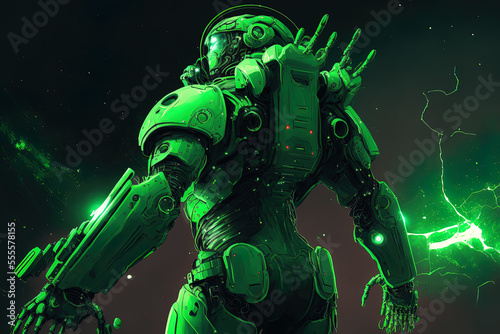 Illustration of a green mecha suit for astronauts. Generative AI