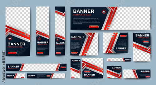 set of creative web banners of standard size with a place for photos. Gradient black and red. Business ad banner. Vertical, horizontal and square template.