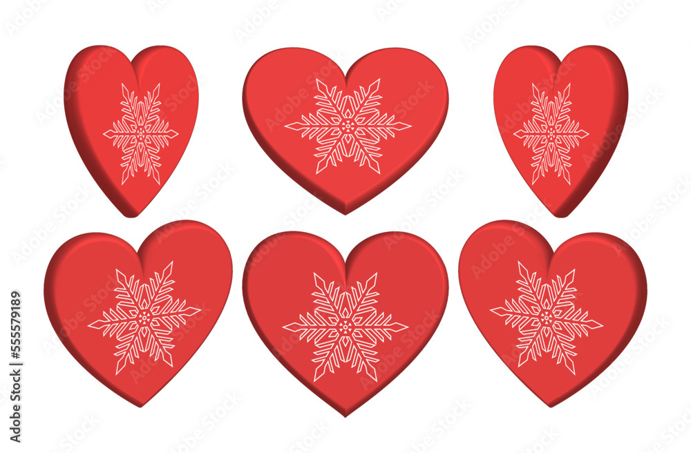 Vector 3d set of red festive Christmas hearts with white snowflakes on isolated background.