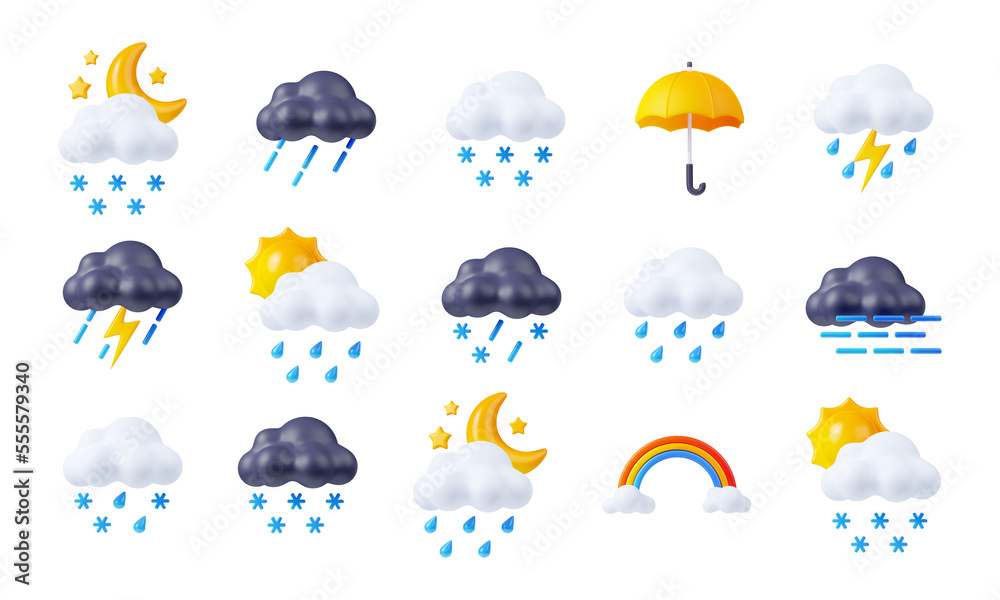 3d render weather icons set, day or night elements. Sun shining, clouds, lightnings, snow or rain, rainbow and umbrella. Cartoon illustration in plastic minimal style isolated on white background 3d render weather icons set, day or night elements. Sun shining, clouds, lightnings, snow or rain, rainbow and umbrella. Cartoon illustration in plastic minimal style isolated on white background