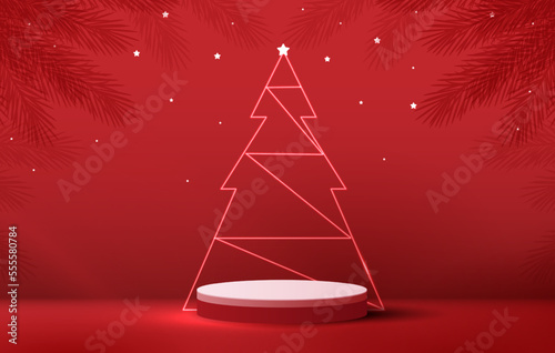 Podium shape for show cosmetic product display for Christmas day or New Years. Stand product showcase on red background with tree christmas. vector design.