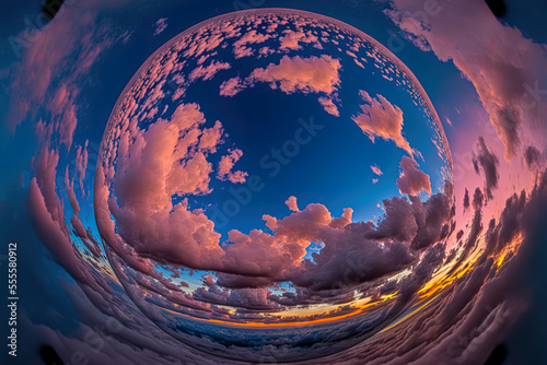 A view of the sunset in a dark blue sky with pink cumulus clouds. Continuous, spherical, equirectangular HDR panorama. Sky replacement for aerial drone panoramas and full zenith for visualization