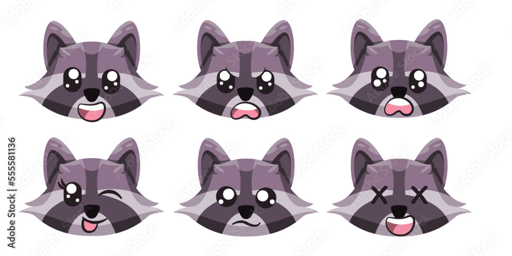Racoon facial expression face with eyes and mouth collection white of cartoon isolated illustration