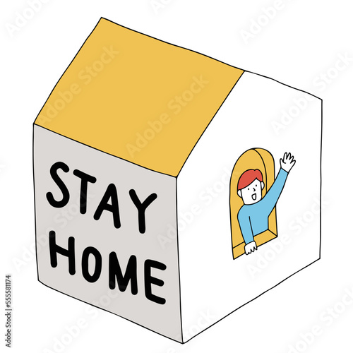 ステイホーム　家の中から手を振る人のイラスト