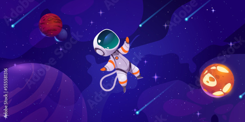Cute astronaut flying in cosmos with alien planets, comets and stars. Cosmonaut in spacesuit on background of dark outer space landscape with planets and asteroids, vector cartoon illustration