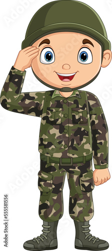 Fotografering Cartoon army soldier saluting on white background
