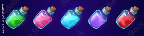 Bottles with magic potions, elixirs, drinks and poisons. Glass jars with corks, flasks with colored liquid potions with hearts and bubbles isolated on background, vector cartoon illustration