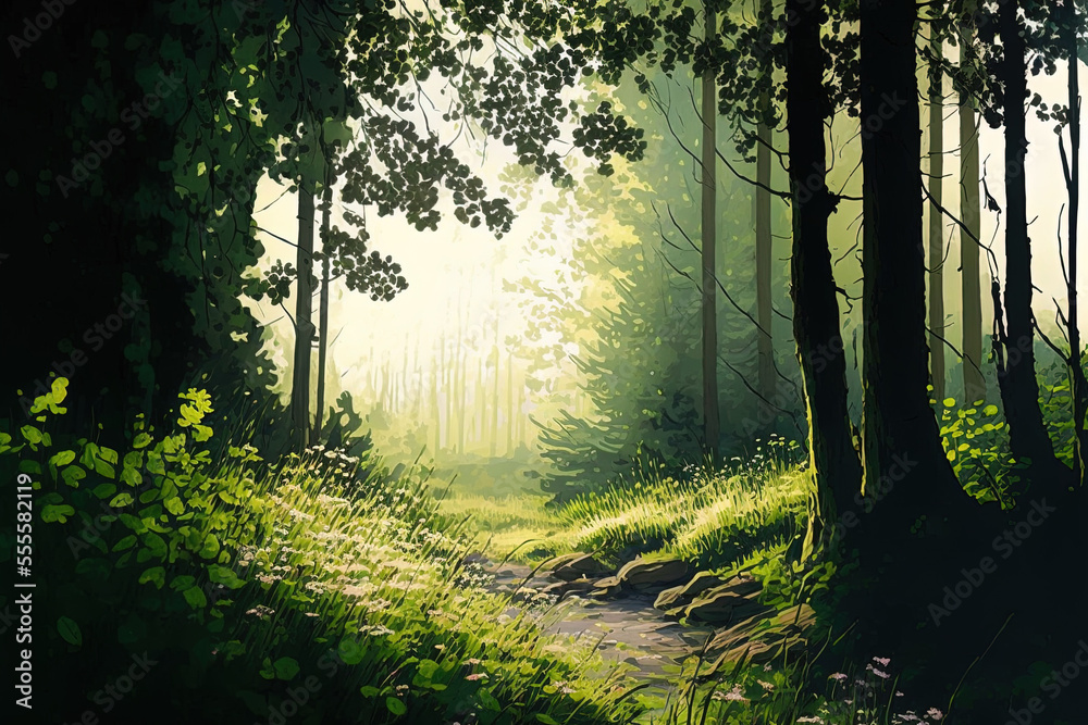 Obraz premium View of a lush woodland in the distance. vegetation in the light, trees, and a forest floor. ecology and nature. Generative AI