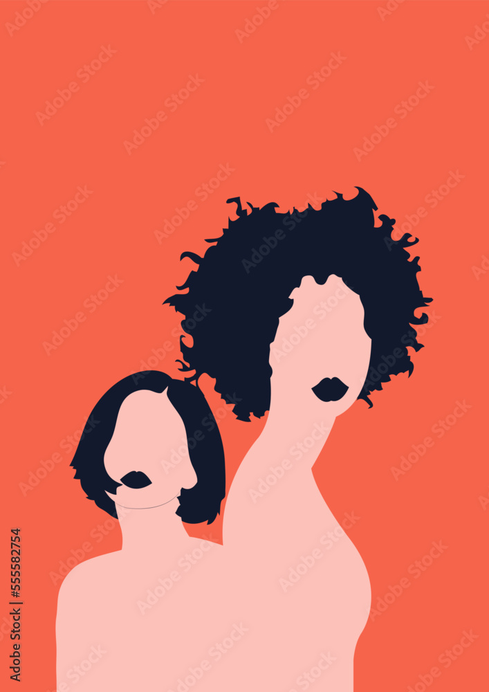 Women's day campaign poster background design with two or more girls with faces silhouette vector illustration. Female friendship. Colorful vector illustration.