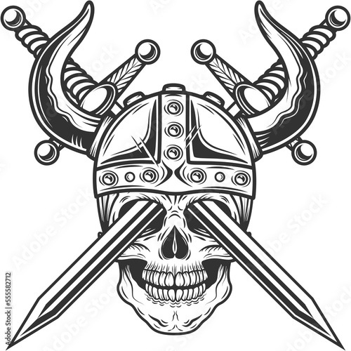 Vintage viking horned skull in helmet with crossed swords through the eyes in monochrome style isolated illustration