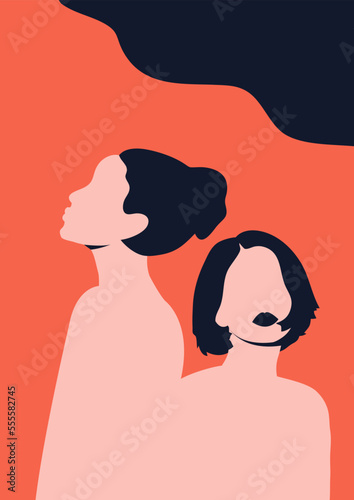 Women's day campaign poster background design with two or more girls with faces silhouette vector illustration. Female friendship. Colorful vector illustration.