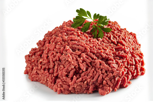 minced meat, pig, beef, and forcemeat, with a clipping path and a white backdrop in focus. Generative AI photo