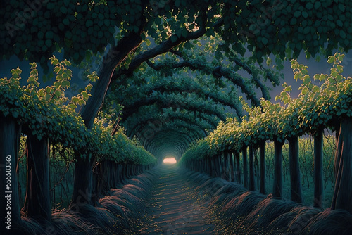 In the dusk light, endless rows of grape vines are lush and green. Generative AI photo