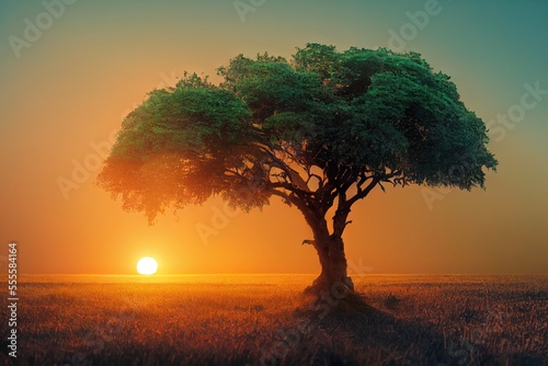  a tree in a field with the sun setting in the background and a hazy sky above it. generative ai