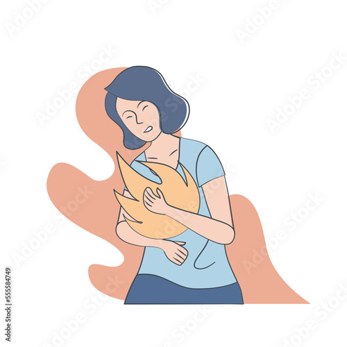 Woman have uncomfortable burning pain and nausea and colic, shortness of breath, hands on chest,Vector illustration.