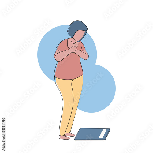 Fat woman worry,standing on weight scale machine,it was time to lose weight,Overweight and obesity concept,Vector illustration.