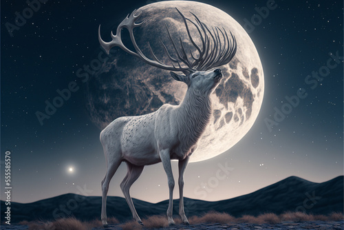 Fairytale background of a white stag standing on starry night with full moon background