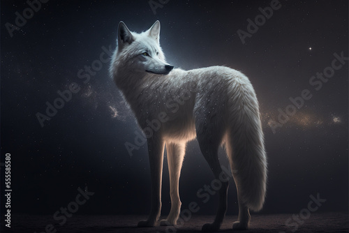 Fairytale background of a white wolf standing on starry night with full moon background