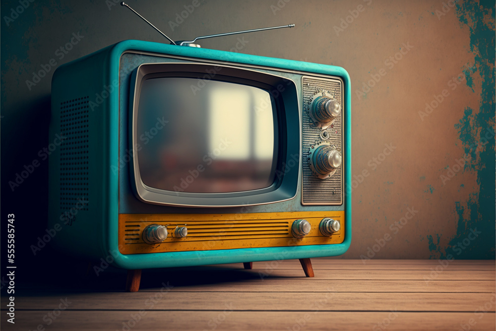 Obraz premium TV room. Vintage television on a painted wall background.