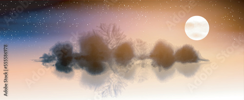 Ink wash painting in minimalist and clean style. Misty island with forest trees and glowing night sky. Traditional oriental ink painting sumi-e, u-sin, go-hua. Translation of hieroglyph - eternity.