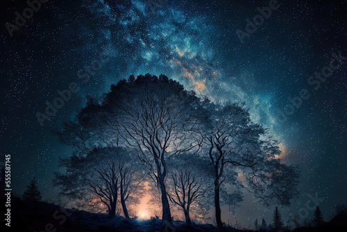 Milky way backdrop trees in a nighttime scene. Generative AI