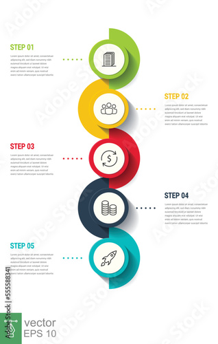 Business infographics design template with icons and 5 steps. Can be used for workflow layout, diagram, annual report, web design. EPS 10.