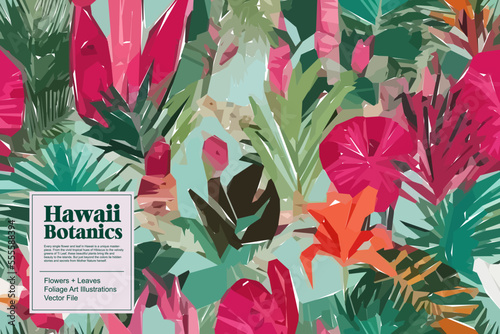 Tropical flowers, jungle leaves. Beautiful vector floral pattern background.