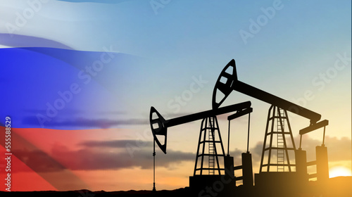 Silhouette of Oil pump. Industrial machine for petroleum on background of sunset. Russia Oil industry concept. EPS10 vector