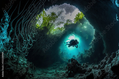 hazardous caverns, diving in the cenotes, Mexico Underwater view of a dark tunnel while scuba diving in Yucatan. Generative AI