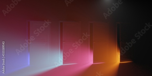 Open doors with different color of light coming through 3d rendering illustration.