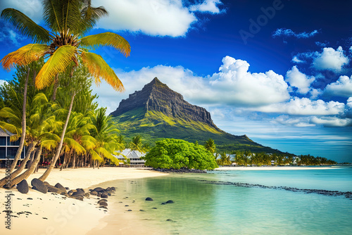 The beach in Flic en Flac, Mauritius, Africa, with upscale hotels and palm trees, is located behind the peak Tourelle du Tamarin. Generative AI photo