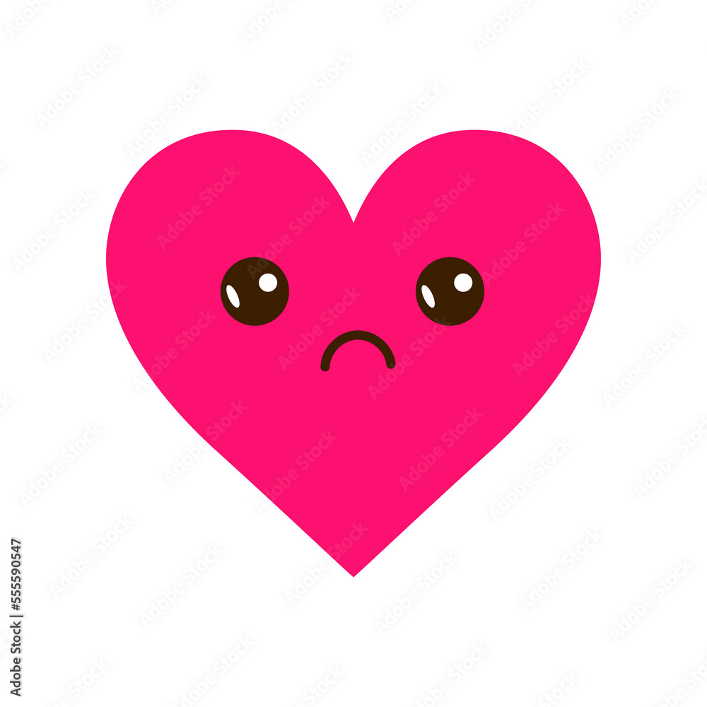 Upset heart cartoon character flat vector illustration. Cartoon drawing of sad or unhappy comic heart with face on white background. Love, breakup, emotions concept