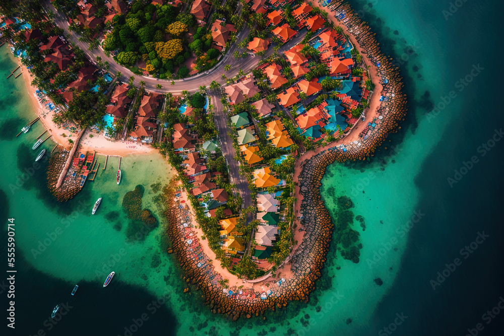 colorful structures An Thoi town, Phu Quoc island, Vietnam, has a Mediterranean region. Aerial View of the island in the Gulf of Thailand, which is home to the most opulent resort apartments