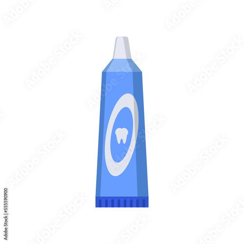 Blue toothpaste tube vector illustration. Cartoon drawing of dentist tool, teeth cleaning equipment isolated on white background. Oral or dental hygiene, medicine, care concept
