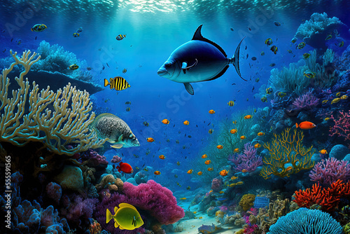 Tropical marine life and a glimpse of the coral reef. Generative AI © 2rogan