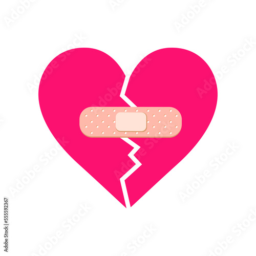 Cracked pink comic heart with band aid flat vector illustration. Cartoon drawing of broken heart with bandage on white background. Love, breakup, emotions concept