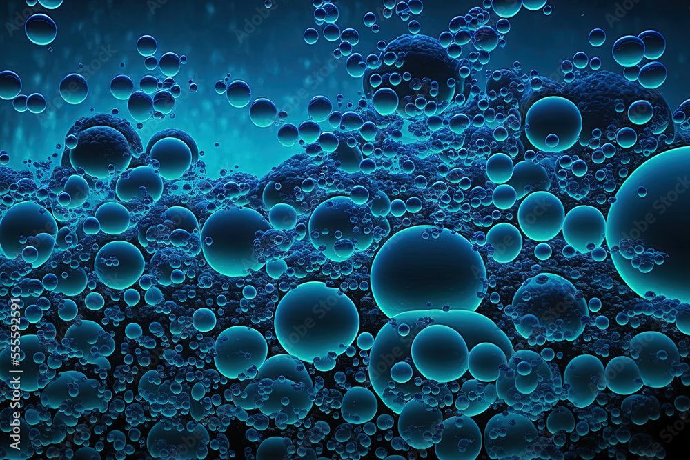 Abstract circles of blue lighting created by underwater bubbles. lovely texture in the blue. Generative AI