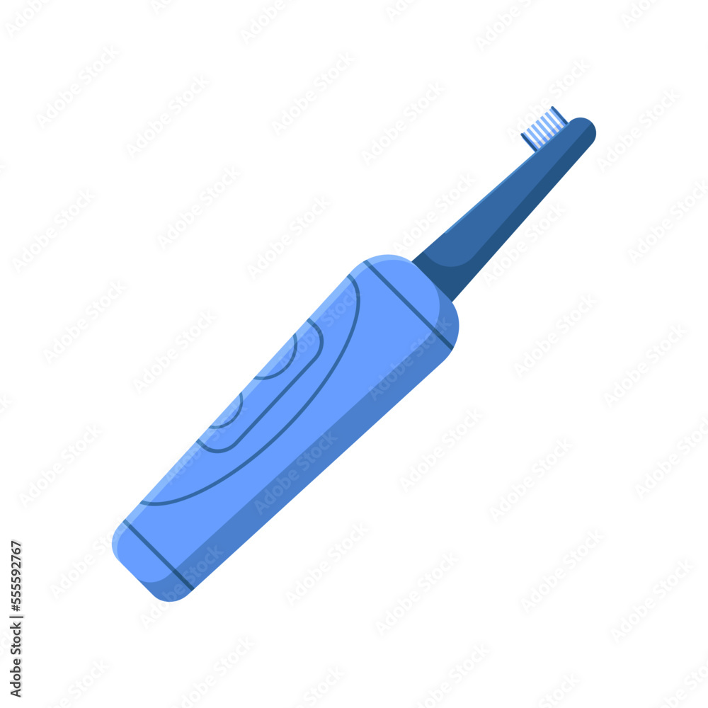 Blue electric toothbrush vector illustration. Cartoon drawing of teeth cleaning tool isolated on white background. Oral or dental hygiene, medicine, care concept Blue electric toothbrush vector illustration. Cartoon drawing of teeth cleaning tool isolated on white background. Oral or dental hygiene, medicine, care concept