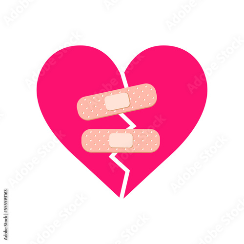 Broken pink comic heart with bandages flat vector illustration. Cartoon drawing of cracked heart with adhesive plasters on white background. Love, breakup, emotions concept