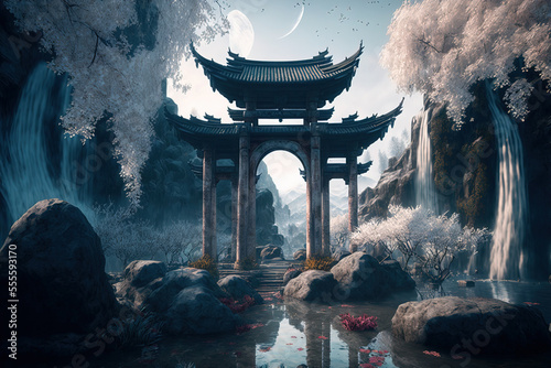 Fantasy Village, ancient chinese Architecture, steps, Riverside, Beautiful, Mystical, Lovely, water, fantasy, Picturesque, surreal, Oak trees, Autumn, intricate detail, detailed, Beautiful lighting