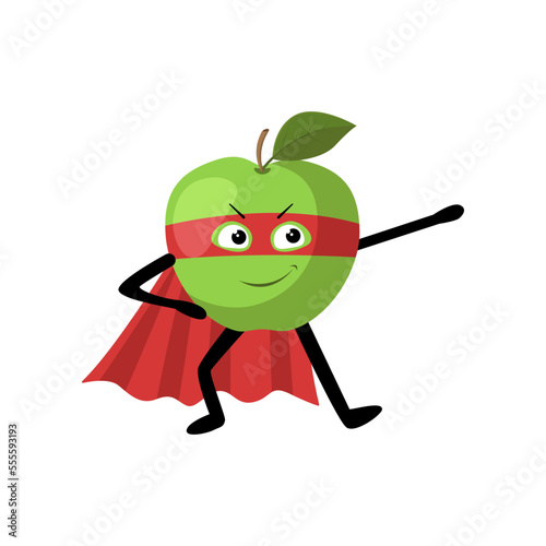 Cute superhero green apple character illustration. Cartoon drawing of comic fruit with red mask and cape with comic isolated on white background. Healthy food concept