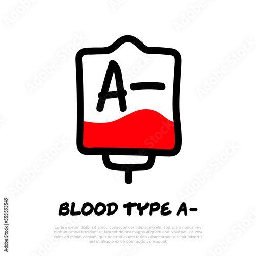 Blood bag with plasma. Doodle thin line icon. Blood donation. Blood type A-. Vector illustration.