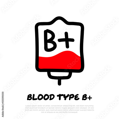 Blood bag with plasma. Doodle thin line icon. Blood donation. Blood type B+. Vector illustration.