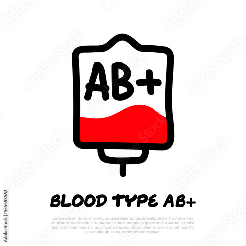 Blood bag with plasma. Doodle thin line icon. Blood donation. Blood type AB+. Vector illustration.