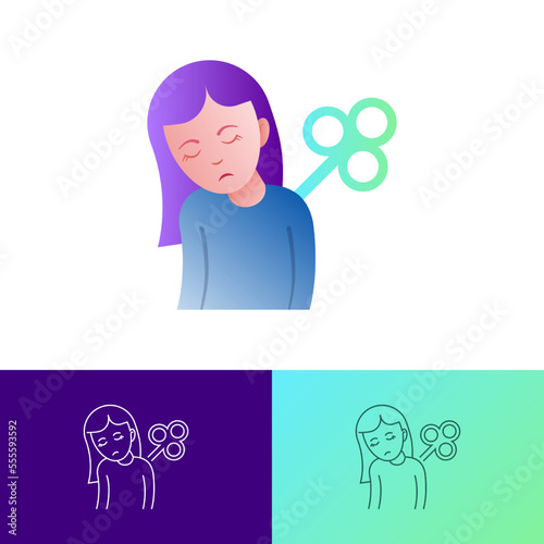 Fatigue, tiredness, apathy gradient flat icon. Tired girl with clockwork on the back. Post-covid syndrome. Vector illustration.