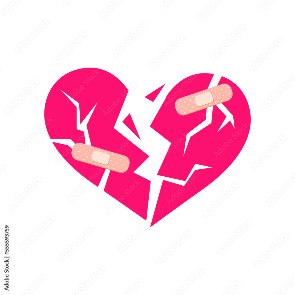 Broken pink comic heart with plasters flat vector illustration. Cartoon drawing of shattered heart with adhesive plasters on white background. Love, breakup, emotions concept Broken pink comic heart with plasters flat vector illustration. Cartoon drawing of shattered heart with adhesive plasters on white background. Love, breakup, emotions concept