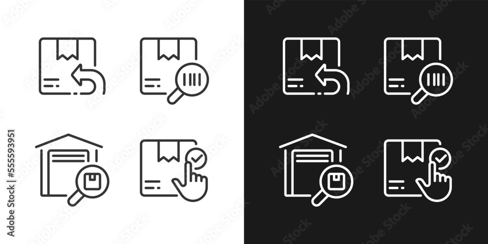 Parcels management pixel perfect white linear icon for dark themes set for dark, light mode. Goods tracking. Thin line symbols for night, day theme. Isolated illustrations. Editable stroke Parcels management pixel perfect white linear icon for dark themes set for dark, light mode. Goods tracking. Thin line symbols for night, day theme. Isolated illustrations. Editable stroke